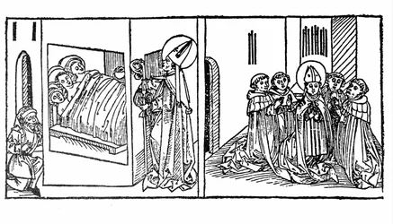 Het leven van Sint Nicolaas ontwaakt. Gravure uit 