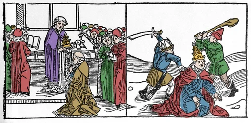 Het martelaarschap van Sint Fabianus (3e eeuw), paus gemarteld en vervolgens onthoofd, onder het bewind van keizer Decius. Gravure uit 