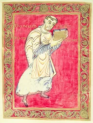 De monnik Ruodprehet presenteert zijn boek, uit het Psalter van Egbert, aartsbisschop van Trier