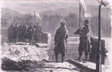 De vredesonderhandelingen - een ontmoeting bij de brug van Sèvres, Cassells Geschiedenis van de oorlog tussen Frankrijk en Duitsland uitgegeven door Cassell and Company Limited, ca. 1890