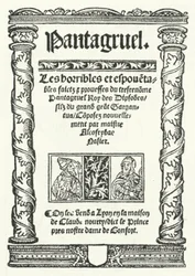 De titelpagina van de oudste bekende editie van Pantagruel, een roman van François Rabelais (gravure)