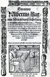 Titelpagina voor een nieuwe Albertus Magnus: zes korte boeken die veel van de geheimen van de natuur beschrijven, gepubliceerd 1514