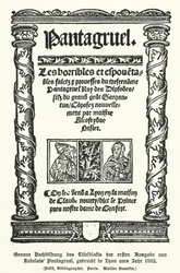 Titelpagina van de eerste editie van Pantagruel, door de Franse auteur Francois Rabelais, gedrukt in Lyon in 1532