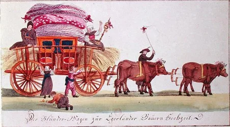 Transport van een huwelijksbed na de bruiloft van boeren uit Eger (nu Cheb) in Bohemen (nu Tsjechië)