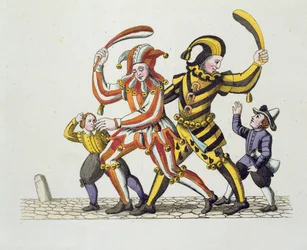 Twee Narren die met Kinderen Spelen, uit Oude Neurenbergse Gewoonten en Spelen en Liederen, heruitgegeven 1831