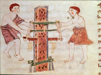 Twee mannen zagen een marmeren stam (miniatuur, 9e eeuw)
