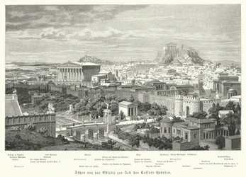 Uitzicht op Athene vanuit het oosten tijdens het bewind van het Romeinse Rijk Hadrianus, 2e eeuw
