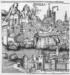 Zicht op Basel, illustratie uit de Kroniek van Neurenberg door Hartmann Schedel (1440-1514) 1493