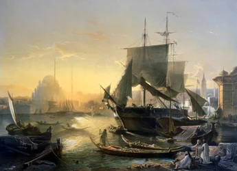 Uitzicht op schepen op de Bosporus bij zonsondergang