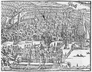 Zicht op Zürich, uit Cosmographie Universelle door Sebastien Munster (1488-1552) Basel, gepubliceerd 1559