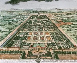 Uitzicht op tuin van Herrenhausen Castle, circa 1708, kleurenprint, Duitsland