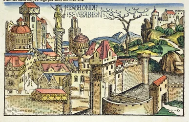Uitzicht op de oude stad Babylon, uit de Neurenberg Kroniek door Hartmann Schedel (1440-1514) 1493