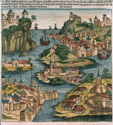Gezicht op de Bosporus bij binnenkomst vanaf de Zwarte Zee, uit de Kroniek van Neurenberg van Hartmann Schedel (1440-1514), 1493