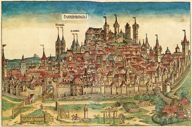 Zicht op de stad Neurenberg, gepubliceerd in de Neurenberg Kroniek, 1493