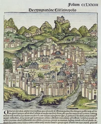 Uitzicht op de ommuurde stad Constantinopel, uit de Neurenberg Kroniek door Hartmann Schedel (1440-1514) 1493