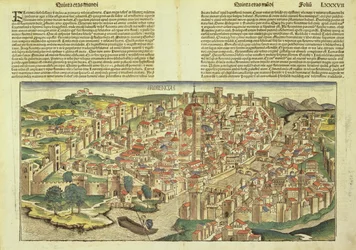 Uitzicht op de ommuurde stad Florence, uit de Neurenberg Kroniek door Hartmann Schedel (1440-1514) 1493