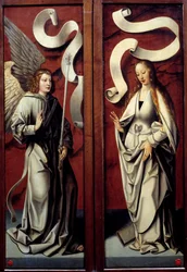 Maagd Maria en Engel van de Aankondiging Keerzijde van de triptieksecties van de Aanbidding der Wijzen. Anoniem schilderij van de Duitse School. 15e eeuw