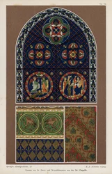 Raam uit de Basiliek van St Denis en muurschildering uit de Sainte-Chapelle, Parijs, Frankrijk