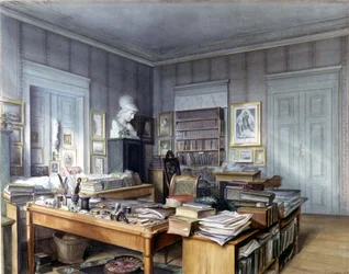 Werkruimte van Wilhelm Grimm in Berlijn, Linkstrasse 7. Gravure door Mr. Hoffmann. Nationalmuseum, Neurenberg. 1860