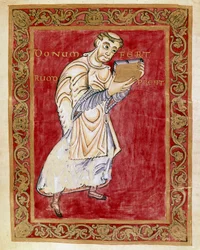 De monnik Ruodprecht brengt het manuscript naar de aartsbisschop Egbert van Trier (977-993). Miniatuur van de Codex van Egbert (Codex Egberti) door de school van Reichenau