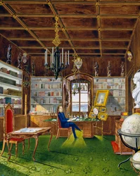 De bibliotheek in Villa Lazarovich, Triëst residentie van Maximiliaan van Habsburg