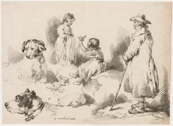 Studies van kinderen Twee kleine meisjes, twee honden, een man