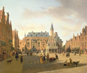 De markt met het Raadhuis, Haarlem, 17e eeuw