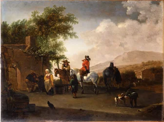 Reizigers te paard nemen verfrissing op een bergpas, in een Italiaans landschap