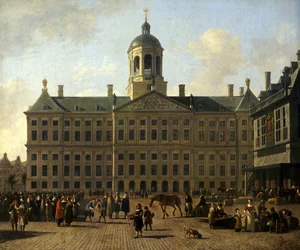 Duits: De Dam in Amsterdam met het stadhuis en de weegschaal Het stadhuis van Amsterdam op de Dam