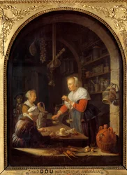 De kruidenier van het dorp (met het portret van de schilder op de achtergrond). Schilderij door Gerard Dou, 1647