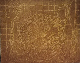 Visdiner (Stilleven met visschotel). 2010 (zand en acryl op doek)