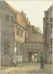 Gezicht op de ingang van de Latijnse school, de St. Hieronymusschool, aan de Kromme Nieuwegracht te Utrecht