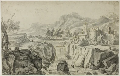 Italiaans landschap met waterval en gebouwen