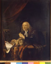 Een wantrouwige man telt zijn geld terwijl hij een beurs in zijn hand houdt. Schilderij door Gerard Dou (of Gerrit Dow) (1613-1675) 17e eeuw Milaan Museo del castello