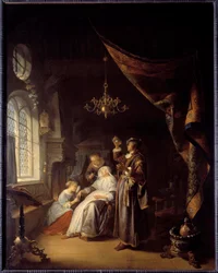 De waterzuchtige vrouw. Een arts onderzoekt de urine van een vrouw met waterzucht. Schilderij van Gerard Dou (1613-1675). Ec. Hol