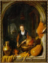 Jonge vrouw maakt eten klaar (olieverf op doek)