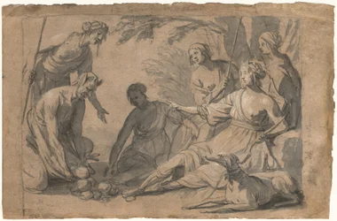 Diana en vier nimfen ontvangen geschenken van een sater