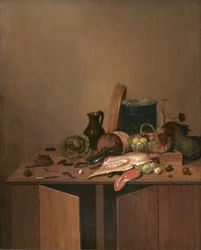 Keukenstilleven met vlees, vis en groenten