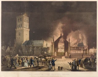Oost-, Zuid- en Kruiskerken, Dundee, zoals ze in brand stonden op zondag 3 januari 1841, ca. 1841