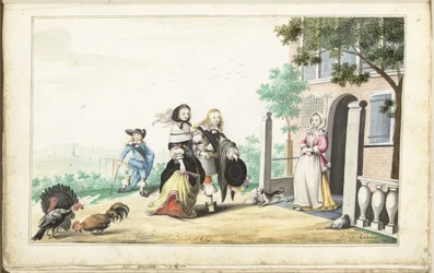 Stel begroet een dame bij de deur van een landhuis