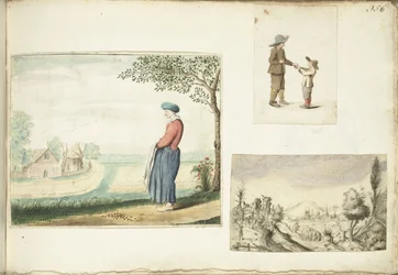Boerenvrouw, jongens met appels en een heuvelachtig landschap