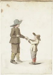 Jongen geeft een appel aan een jongere jongen