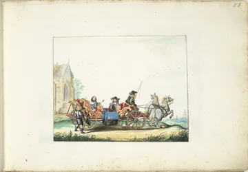 Jongetje bedelend bij de koets van een elegant paar