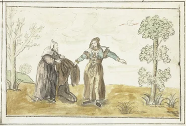 Kluizenaar geeft een dame zijn mantel