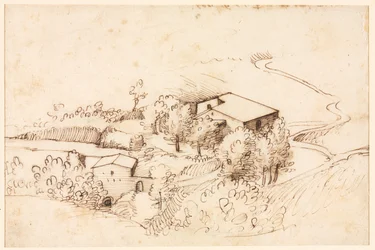 Boerderij met Bomen in een Heuvelachtig Landschap (verso)
