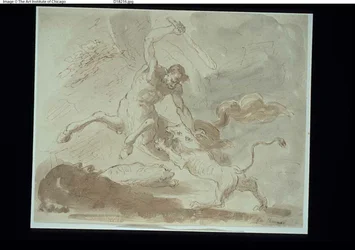 Centaur vecht met leeuw