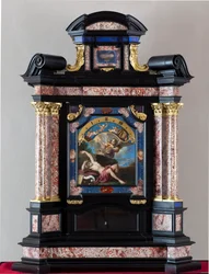 Klok met voorstelling van Sint Hiëronymus die luistert naar de trompet van het laatste oordeel. Schilderij door Giacinto Brandi (1621-1691). Structuur en mechanisme gerealiseerd door Giuseppe Campani - 17e eeuw. Dim 128x100x44 cm Genua musei di strada nuov