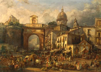 Italië, Napels, Markt bij Porta Capuana door Giacinto Gigante