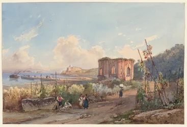 Gezicht op Baia met de tempel van Venus, een van vier kleine gezichten op Napels uit een Album Amicorum