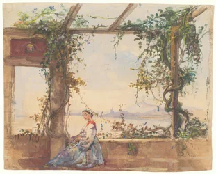 Vrouw met een waaier onder een pergola, met de Vesuvius op de achtergrond